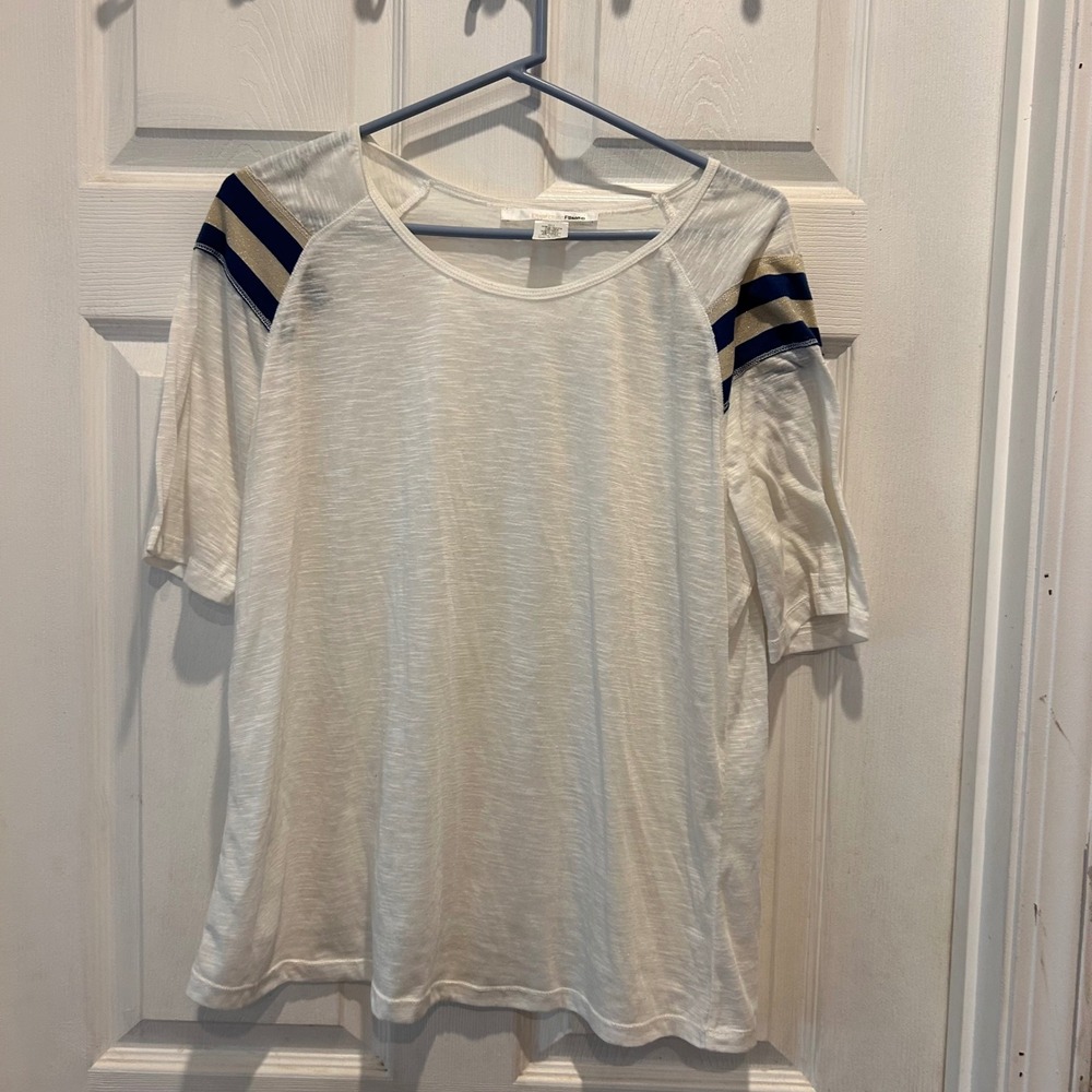 Anthro Ellison Womens T-Shirt White Blue Gold Stripe 3/4 Sleeve Sz L Linen Blend